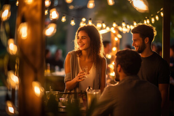 people in a dark garden party outside a house, with glowing festive lights and a natural relaxed vibe of a house-party