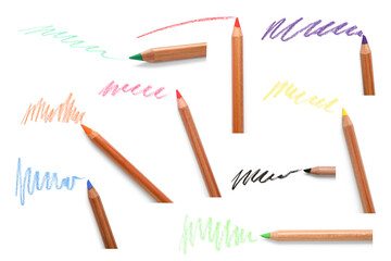 Poster - Colorful pastel pencils and scribbles on white background, set. Drawing supply