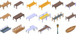 Wooden pier icons set isometric vector. Sea water boat. Fishing dock