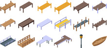 Wooden Pier Icons Set Isometric Vector. Sea Water Boat. Fishing Dock