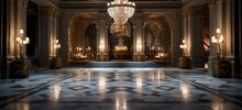 Dimly Lit Room Showcasing A Marble Floor With An Elegant, Symmetrical Layout
