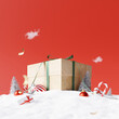 Christmas giftbox on snow ground with red background. 3d rendering