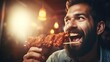 Close up mix asian man with beard eating satay in happy mood. Local food street in asia, meat barbeque.