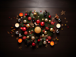  Colorful Christmas background with Christmas balls, gifts and Christmas tree.