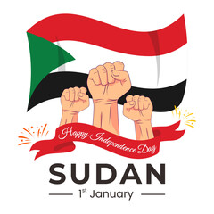Wall Mural - Sudan Independence Day for greeting card with clenched fist, fireworks and ribbon