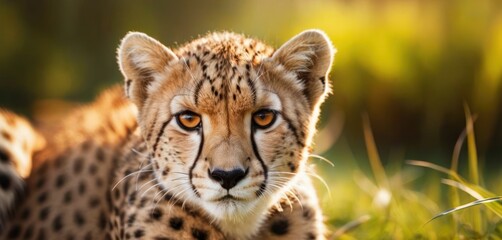 Canvas Print -  a close up of a cheetah's face with grass in the foreground and a blurry background of trees and grass in the backgroud.