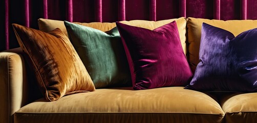 Sticker -  a group of pillows sitting on top of a couch in front of a purple velvet wall with a red velvet drape behind it and a purple velvet curtain behind the couch.