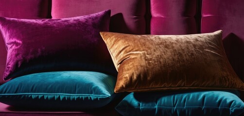 Poster -  a couple of pillows sitting on top of a purple couch next to a purple and green pillow on top of a blue pillow on top of a purple pillow on top of a purple couch.