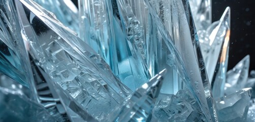 Poster -  a close up view of a bunch of ice crystals with drops of water on the top of the ice and on the bottom of the bottom of the image is a black background.