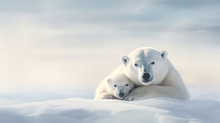 Canvas Print -  a couple of polar bears sitting on top of a white snow covered ground in the middle of the snow covered ground is a blue sky and white clouds are in the background.