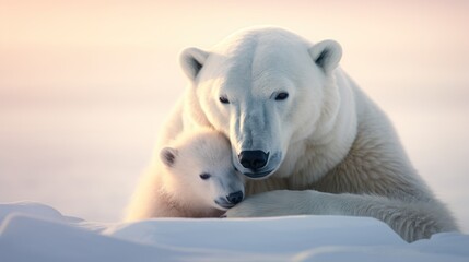 Canvas Print -  a large white polar bear standing next to a small white polar bear on top of a snow covered ground with it's head on the back of a smaller polar bear's head.