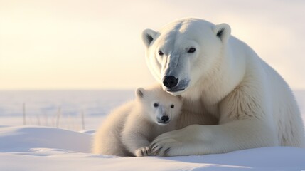 Canvas Print -  an adult polar bear and a baby polar bear sitting in the snow with their paws on each other's chest, with the sun shining through the clouds in the background.