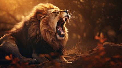 Poster -  a lion roaring in the wild with its mouth open, surrounded by trees in the background