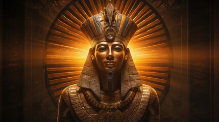 Poster -  a statue of an egyptian pharaoh in front of a golden background with rays of light coming from behind the head of the head of a statue of an egyptian pharaoh.