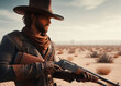 a hard rugged and grizzled texas ranger or cowboy aims his gun