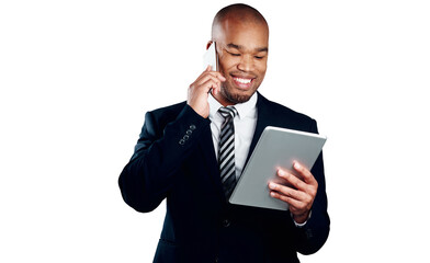 Poster - Businessman, smile and phone call with tablet for research, information or feedback report. African person, consultation and happy with technology by reading on isolated or transparent png background