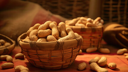 Wall Mural - shelled peanuts in wicker baskets. peanuts full from a wicker basket