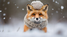 Fox With Scarves And Hats, Goofy, Winter Background