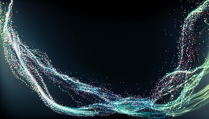 Wall Mural - Abstract flowing fluid colorful light particles blue green on black background with copy space in concept technology, science, modern