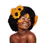 © Shubham/peopleimages.com - Hair, sunflowers and black woman in afro, makeup or natural isolated on a transparent png background. Cosmetics, beauty and happy person in floral hairstyle, organic salon skin on face or eyes closed