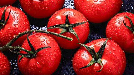 Wall Mural - Top view of fresh tomatoes with water droplet on a dark table background. Harvesting tomatoes.