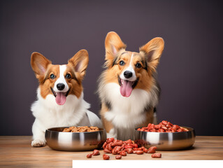 Two corgis Dogs sitting near bowl with dry food for eating .