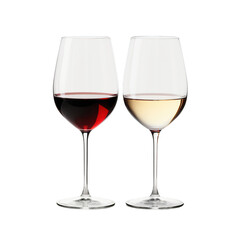 Two wine transparent glass on white background. Equally filled.