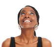 © Shubham/peopleimages.com - Isolated African woman, looking up and thinking for smile, ideas or vision by transparent png background. Girl, model or person with happy memory, decision or remember for choice with earring jewelry