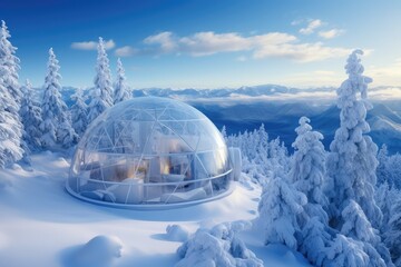 Luxurious Transparent Dome Nestled Among Snow-Laden Trees with a View of Distant Mountains
