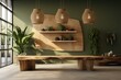 Natural Wood-Themed Dining Space with Handcrafted Wooden Table and Benches, Pendant Lights, and Lush Indoor Plants Against a Sage Green Wall for a Rustic Modern Interior