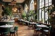 © Romana - Cozy posh luxurious interior design of a cafe or a bar with wooden classic parquet floor, tall ceiling, french windows, parisian look, off-white textiles, many green plants