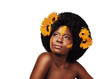 © Shubham/peopleimages.com - Thinking, luxury or black woman with sunflowers, makeup or confident girl isolated on transparent background. African person, shine or model with aesthetic, plant or facial with wellness, glow or png