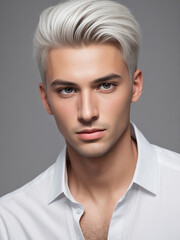 Portrait of a confident photogenic young man with blonde hair, wearing white shirt