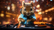 A squirrel in a blue shirt and headphones skillfully DJing with a bokeh light effect in the background, bringing an urban nightlife atmosphere.