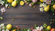 spring background. fruit flowers on wooden table. Generative AI.