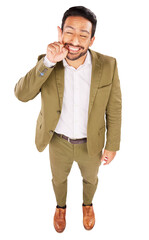 Wall Mural - Businessman, smile and pointing up at promotion, deal or opportunity with announcement from above view. Asian person, entrepreneur or startup in excited face on isolated or transparent png background
