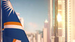 flag of Marshall Islands on city skyscrapers buildings vanilla sunrise bg for national celebration - abstract 3D rendering
