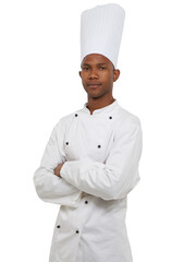 Wall Mural - Portrait, chef and black man with arms crossed, career or confident guy isolated on transparent background. Face, African person or employee in a uniform, restaurant owner or culinary expert with png