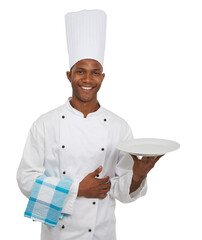 Chef, portrait and serve plate for dinner preparation or lunch recipe nutrition, skill career or food service. Black person, cloth and hat or isolated on transparent png, background for cooking menu