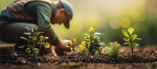 Wall Mural - The skilled worker carefully tends to the lush green garden, his hands covered in soil as he artfully designs a landscape that harmoniously combines the textures of nature with the precision of man