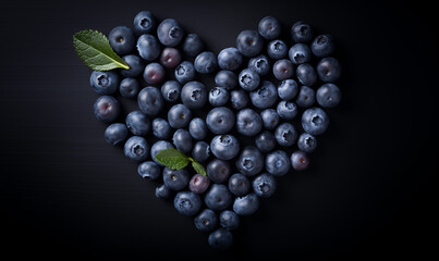 Wall Mural - Heart-shaped arrangement of fresh blueberries on dark background. Aerial view, flat layout. Copy space, banner, isolated