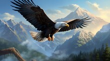 Majestic Bald Eagle Soaring High Above A Rugged Mountain Range, Its Sharp Eyes Focused On The Distant Landscape As It Searches For Prey.
