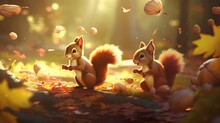 Playful Red Squirrels Gathering Acorns In A Sun-dappled Autumn Forest, Their Bushy Tails Flicking In Excitement, With Golden Leaves Falling Gently Around Them In The Breeze.