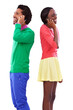 © Shubham/peopleimages.com - Phone call, smile and young black couple with communication in colorful, stylish and casual outfit. Happy, cellphone and African people on mobile conversation isolated by transparent png background.