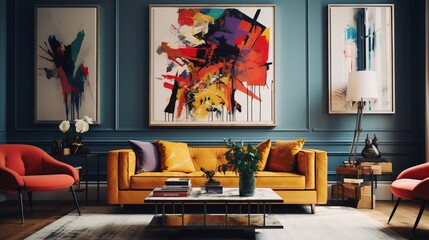 Wall Mural - Artistic vibes in this living room, vibrant colors, creative decor, and a blank frame poised to showcase your imaginative artwork.