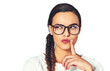 Woman, idea or glasses for thinking of project proposal, consultant or brainstorming solution. Young person, serious or thought in problem solving in eyewear or isolated on transparent png background