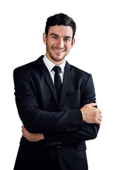 Fashion suit, arms crossed and business portrait of happy man, realtor or property developer confident in work wear clothes. Dress code, style and formal agent isolated on transparent, png background