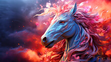 Abstract Fantastic Background With 3d Unicorn Shiny Head On The Dark Sky Background Copy Space For Text