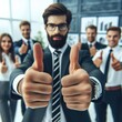 Hands showing thumbs up with business men endorsing, giving approval or saying thank you as a team in the office