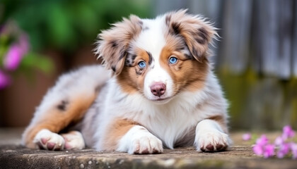 Australian Shepherd puppy dog lying on the white background